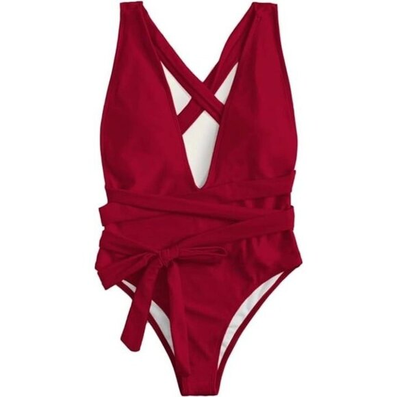 Sexy Tie Criss Cross Plunge One Piece High Cut Brazilian Swimsuit 3XL - Picture 3 of 5